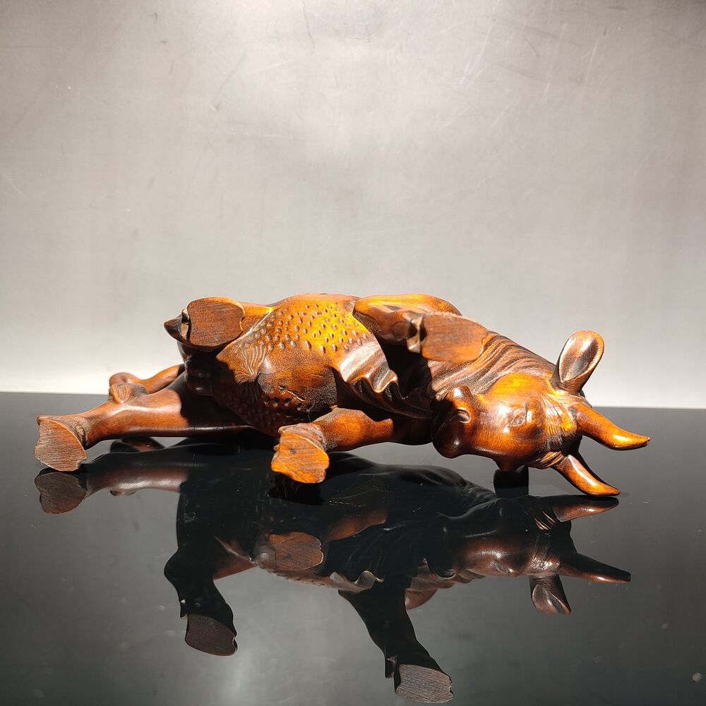 Chinese Boxwood Carving Wealthy Cow Bull Cattle Ox Statue Indoor Home Decor Gift