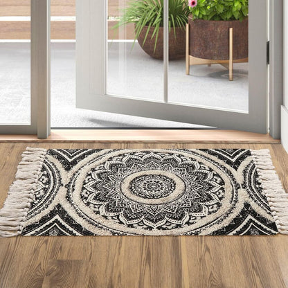Hand Woven Small Boho Bathroom Rug Tufted Machine Washable Bohemian with Tassels