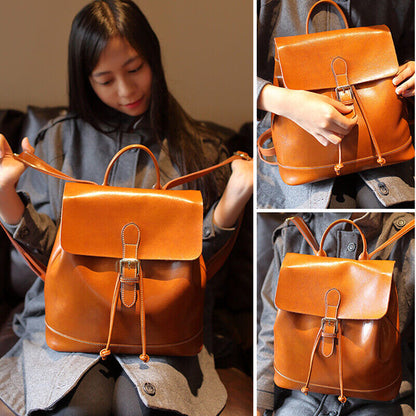 Genuine Leather Women's Drawstring Backpack Travel Bag Oil wax Leather Rucksack