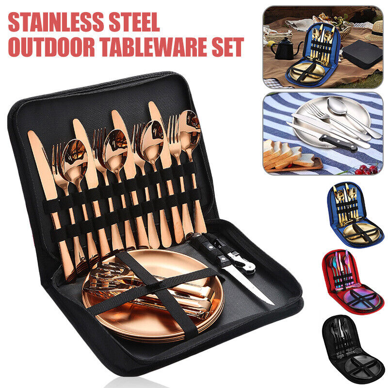 Camping Tableware Set Stainless Steel 10/19Pcs Picnic Cutlery Set W/ Storage Bag