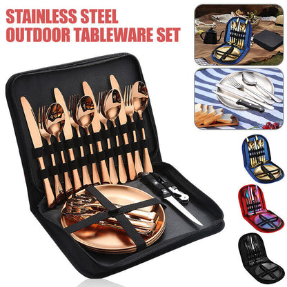 Camping Tableware Set Stainless Steel 10/19Pcs Picnic Cutlery Set W/ Storage Bag