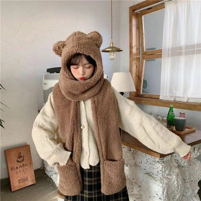 Cute Bear Ears Hat Scarf Gloves Set Balaclava Winter Bandana Velvet Fleece 225CM