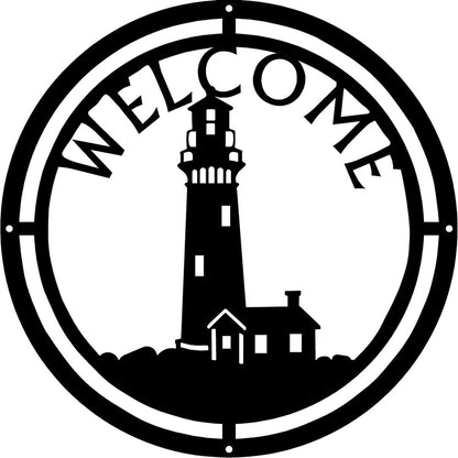 Lighthouse Welcome Sign - 12.5" Round Metal Wall Art