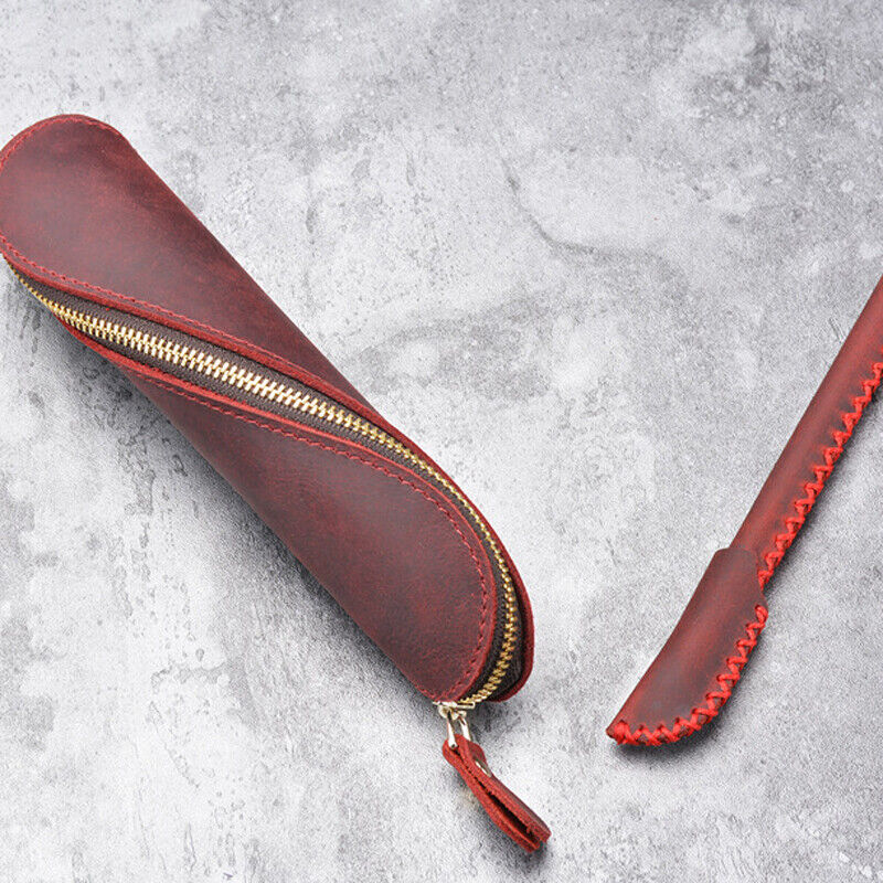 Handmade Cowhide Leather Vintage Zipper Pencil Case S-Shape Pen Bag