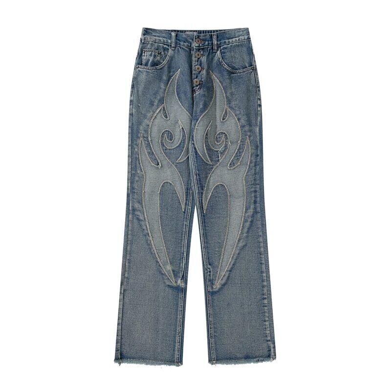 Men Patchwork Embroidery Casual Denim Pants Elastic Waist Baggy Jeans Trousers