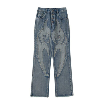 Men Patchwork Embroidery Casual Denim Pants Elastic Waist Baggy Jeans Trousers