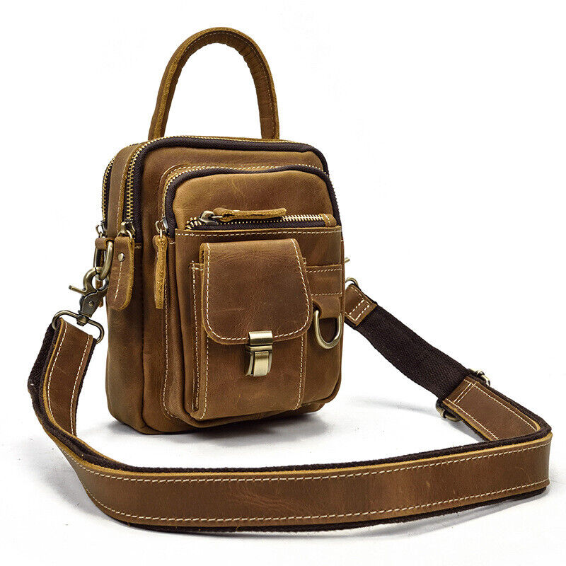 Men Crazy Horse Leather 8" Sling Shoulder Bag Multifunctional handbag Waist Pack