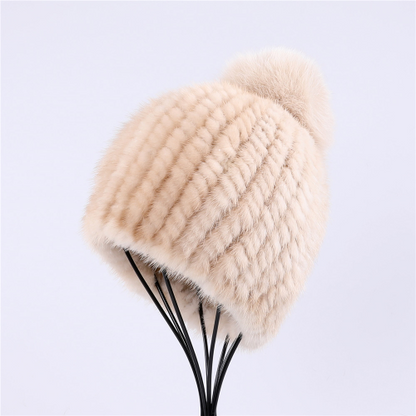 Real Mink Fur Hat Women Knitted Beanie Cap with Fur Pom Poms Thick Cap Elastic