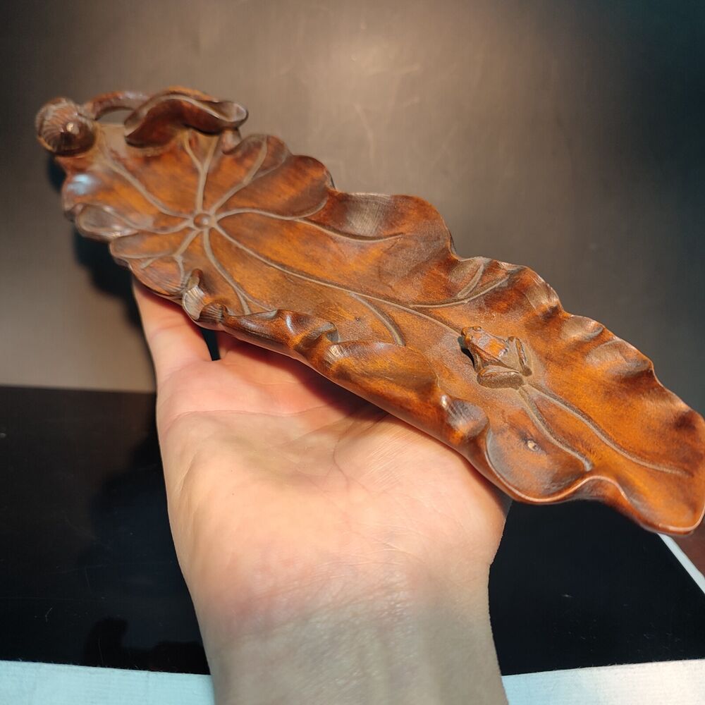 10" Boxwood lotus leaf frog carving wooden Incense pedestal wood decor praying