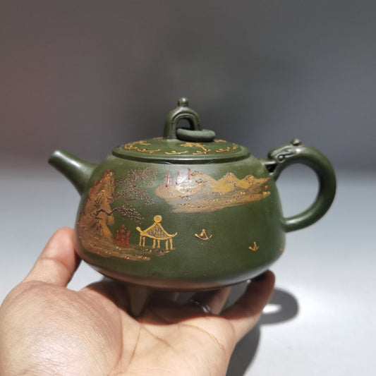 Chinese Yixing Zisha Clay Handmade Exquisite Teapot（环龙三脚壶 低款：蒋蓉）