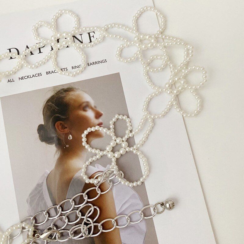 Women Belt Fashion Decorative Harness Waist Chain Strap 120cm Alloy Pearl Flower