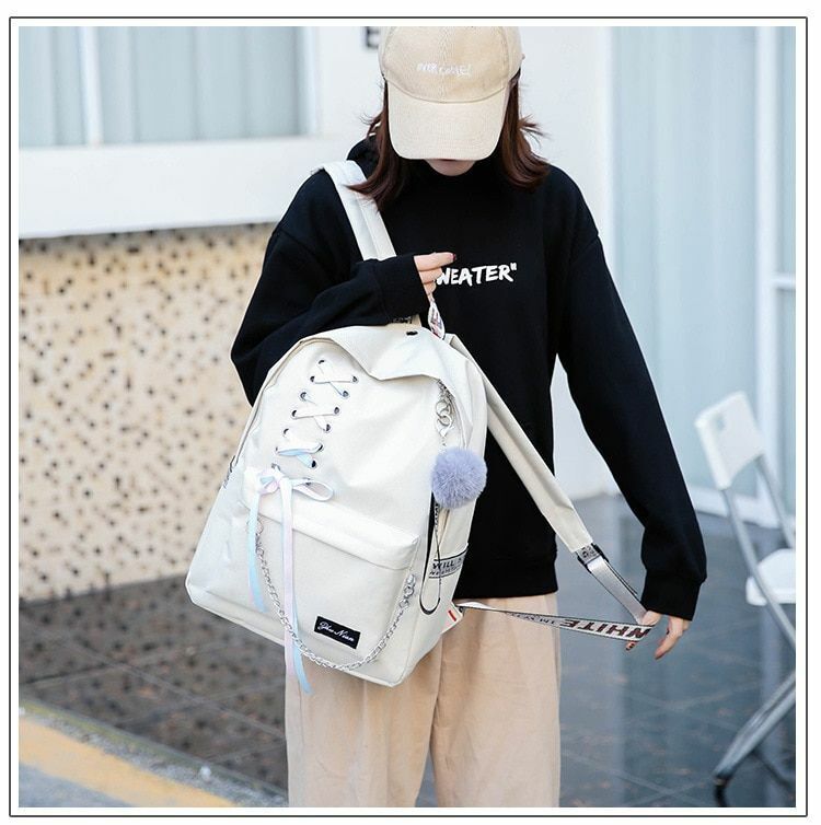 Students Backpack 5 pcs/set Ribbon Chain Girl Laptop School Bags Bookbag Oxford