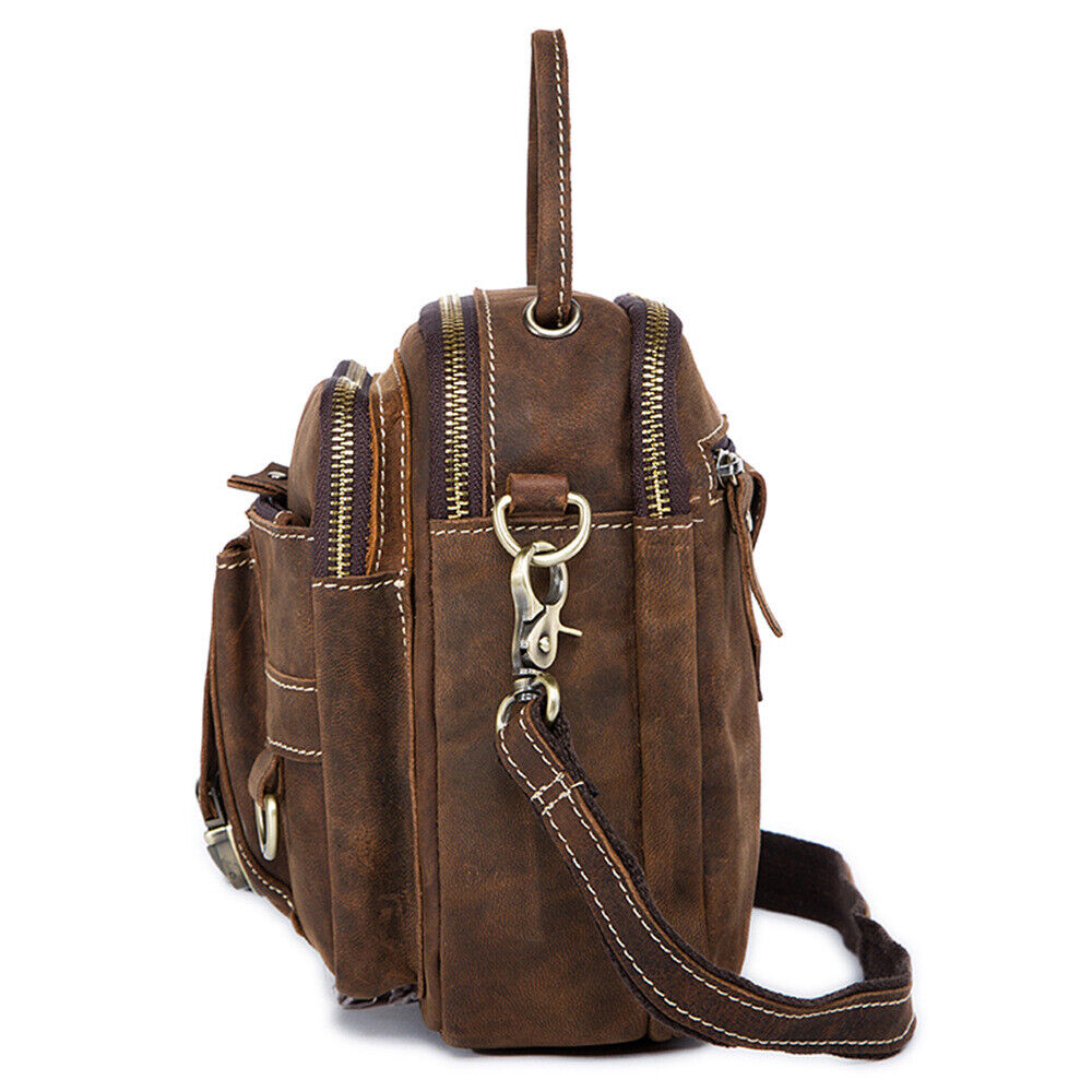 Crazy Horse Leather Men's Sling Shoulder Bag Double Zipper Multifunction Handbag