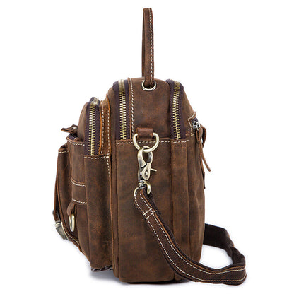 Crazy Horse Leather Men's Sling Shoulder Bag Double Zipper Multifunction Handbag