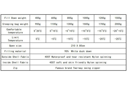 White Duck Down Outdoor Camping Sleeping Bag Winter Keep Warm Thickness