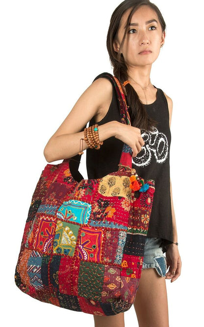 Large Shoulder Bag Red Quilted Embroidered Market Shop School Large,