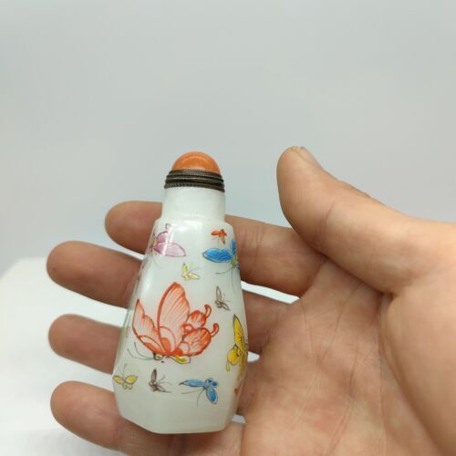 vintage chinese peking glass snuff bottle painted butterfly Liuli painting rare