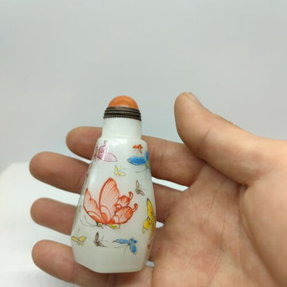 vintage chinese peking glass snuff bottle painted butterfly Liuli painting rare
