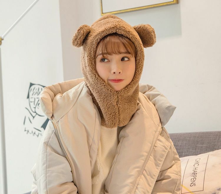 Warm Hats Winter Cute Bear Ears Windproof Neck Scarf Cap Student Women Cashmere