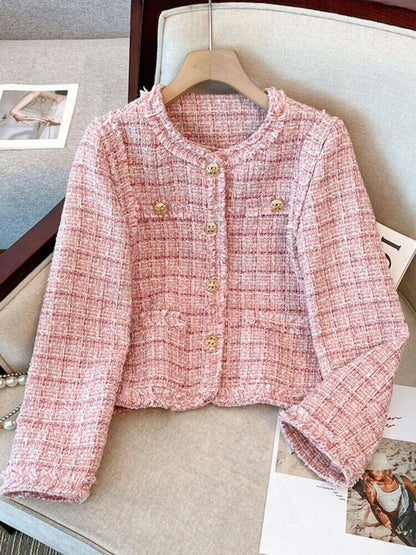 Autumn 2Piece Set Women Short Jacket Coat + Plaid Mini Skirt Suits