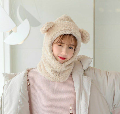 Warm Hats Winter Cute Bear Ears Windproof Neck Scarf Cap Student Women Cashmere