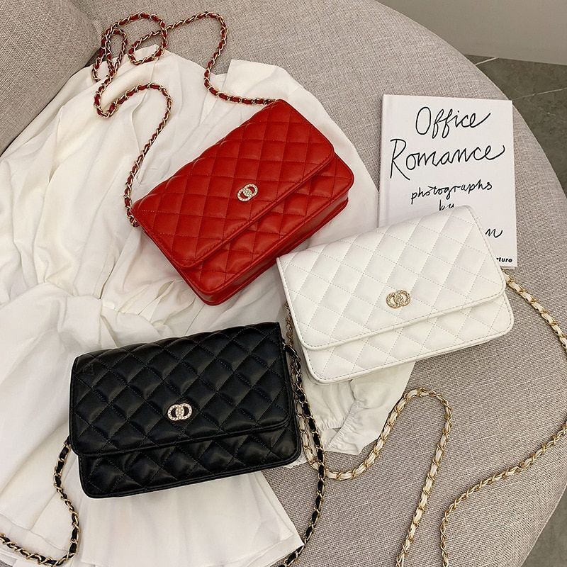 Small Square Bag Leather Shoulder Bag Casual Chain Crossbody Bag Polyester Hasp