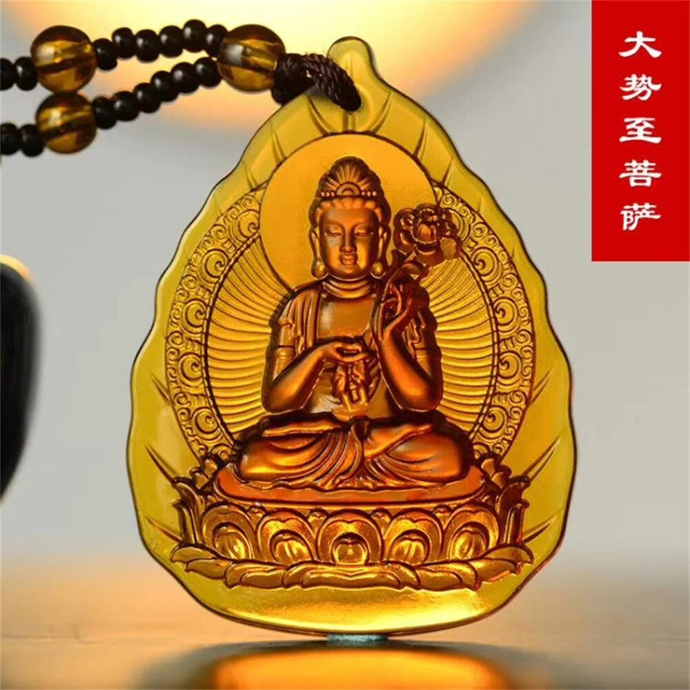 Glamour Ice Yellow Crystal Carved Talisman Buddha Buddhist Pendant Religious Necklace -