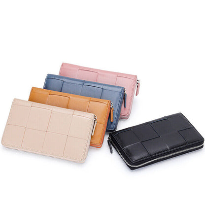 Real Sheepskin Leather Long Wallet Women Weaving Clutch Bag Zipper Phone Holder
