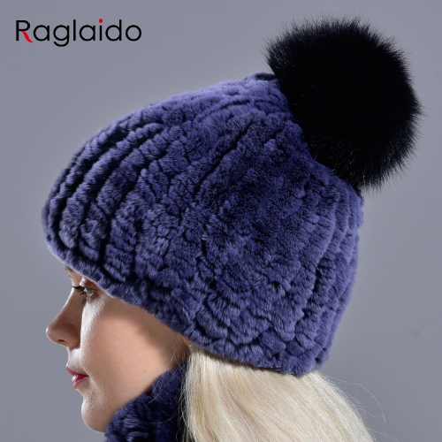 Hot Sale Knitted Pompom Hats Women Beanies Elastic Rabbit Fur Caps Real Fur Hats
