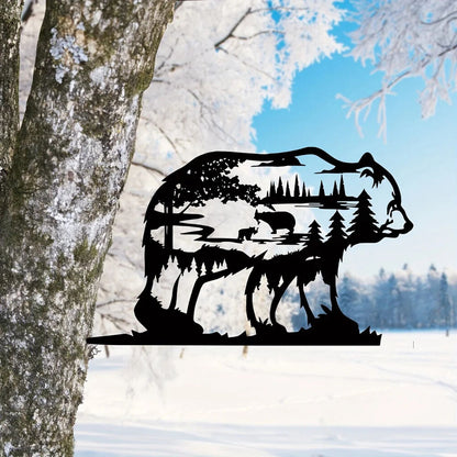 Metal Wall Art Decoration Forest Bear Silhouette Sculpture Ornament Rustic Cabin