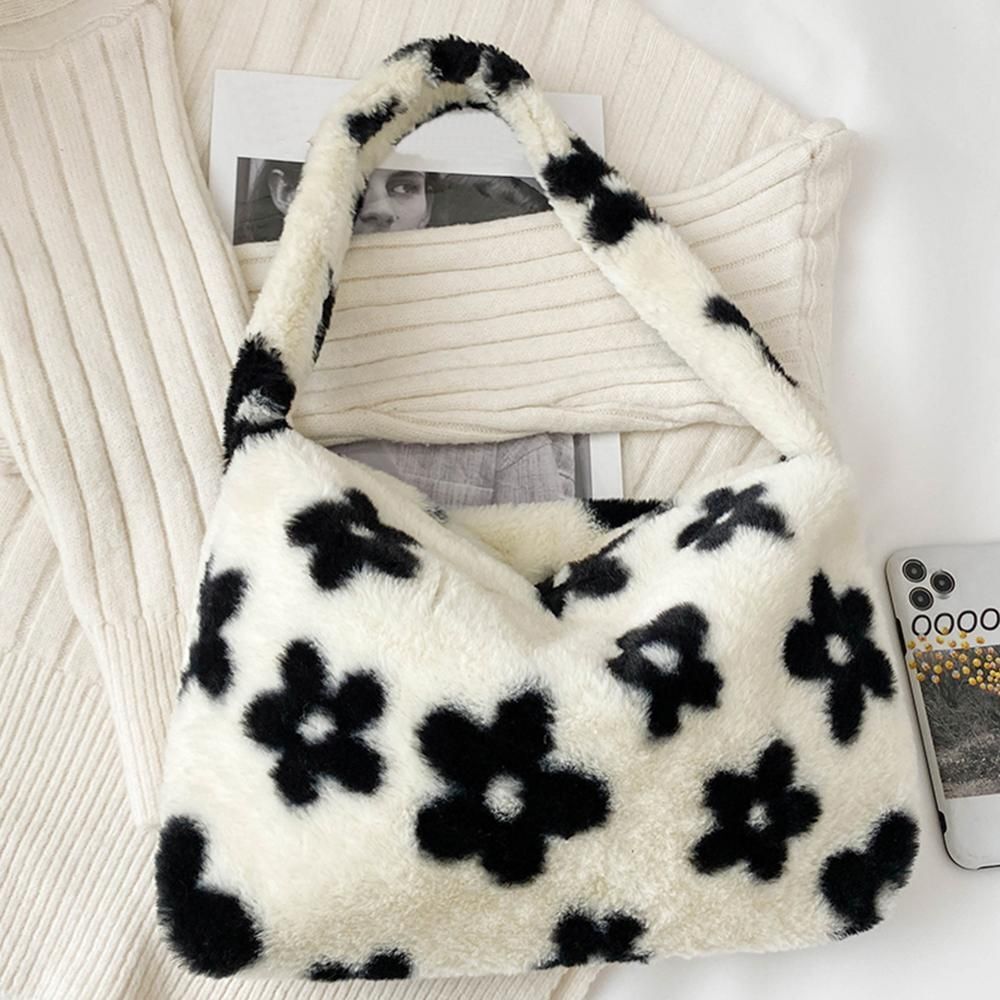Flower Pattern Shoulder Bag Elegant Underarm Bag Faux Fur Handbag 30*20*5 CM 1PC