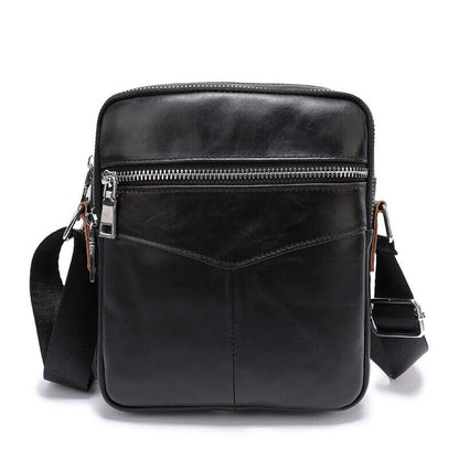 100% Cowhide Leather Double Zipper Shoulder/Messenger Bag Black Men's Sling Bag