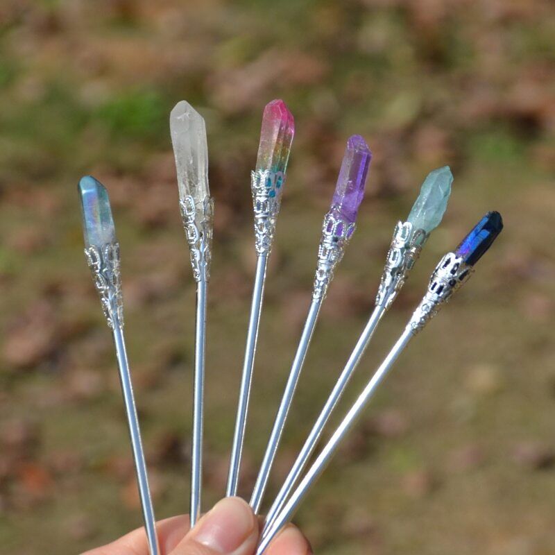 Witch Hairpins Raw Crystal Gem Quartz Hair Sticks Wedding Bride Accessories 15cm