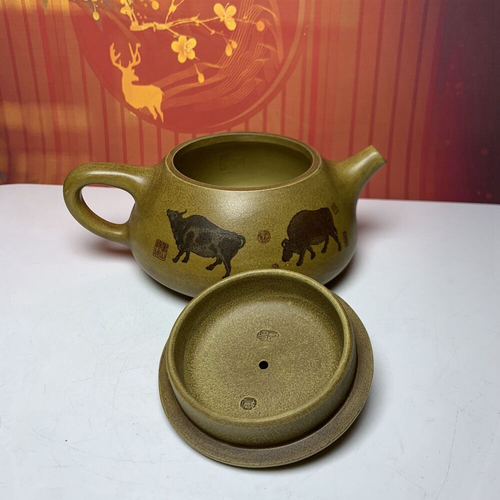Vintage Chinese Yixing Purple Clay Teapot Zisha Ceremony Painted Cattle Teaware