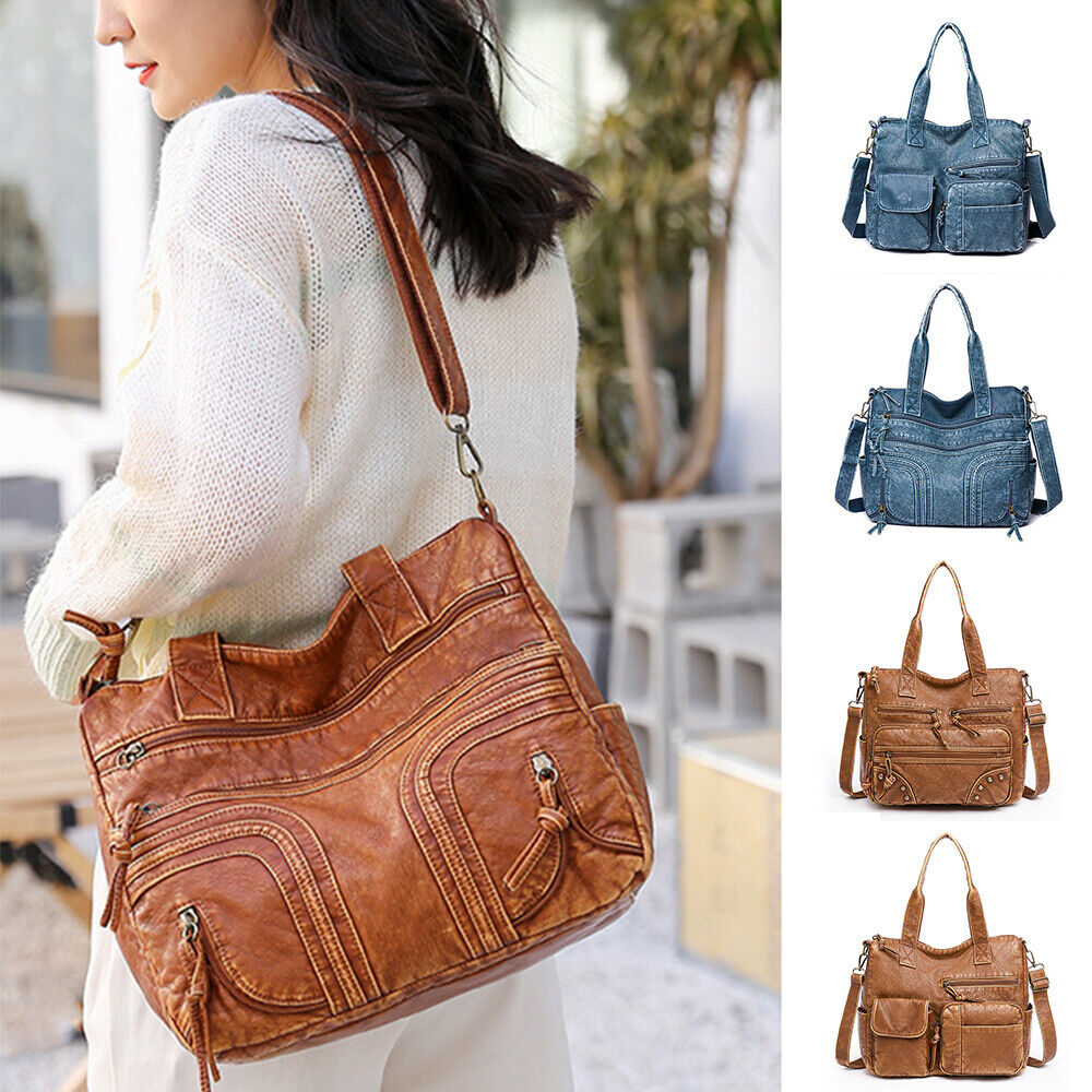 Soft PU Leather Handbags Many Pockets Messenger Bag Washed Leather Shoulder Bag