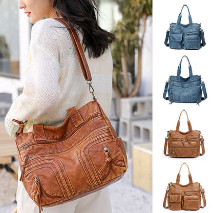Soft PU Leather Handbags Many Pockets Messenger Bag Washed Leather Shoulder Bag