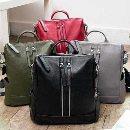 100% Genuine Leather Double Zipper Women's Backpack Travel Rucksack College Bag