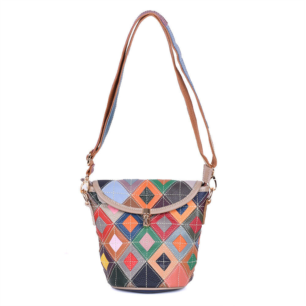 100% Genuine Leather Colorful Blocks Patchwork Women's Sling Shoulder Bag