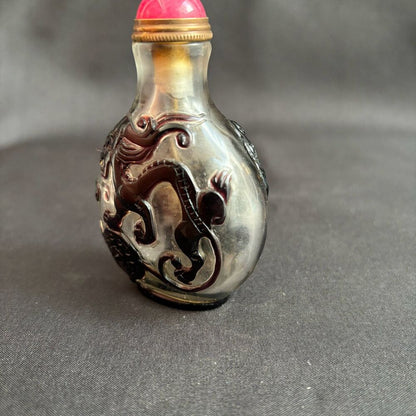 Vintage Chinese Carved Peking Glass Snuff Bottle Clean Dragon Figurine Box Black