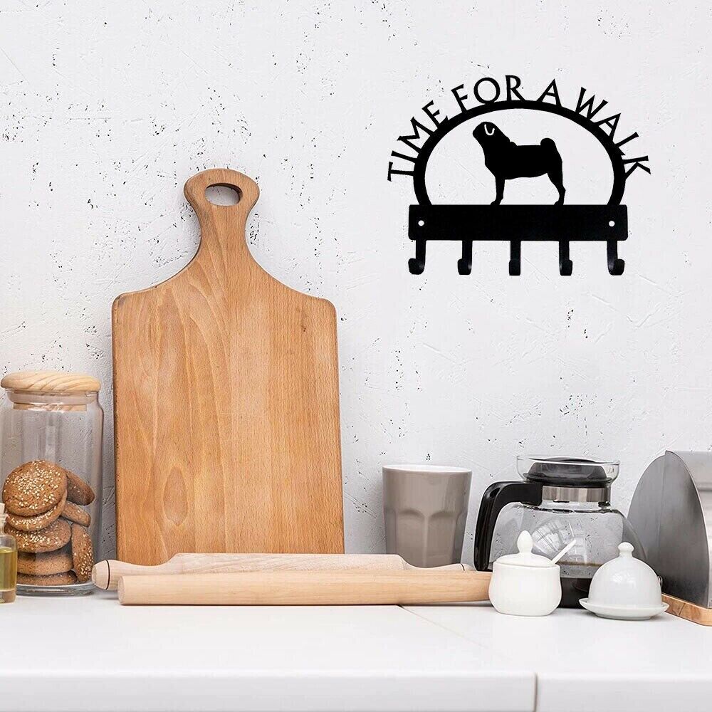 Pug Time for A Walk Key Rack Wall Mounted Hook Up Hanger Artwork Wall Stickers