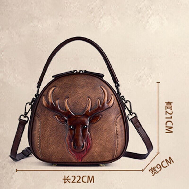 100% Genuine Leather Women's Handbags Retro Deer Embossed Sling Shoulder Bag