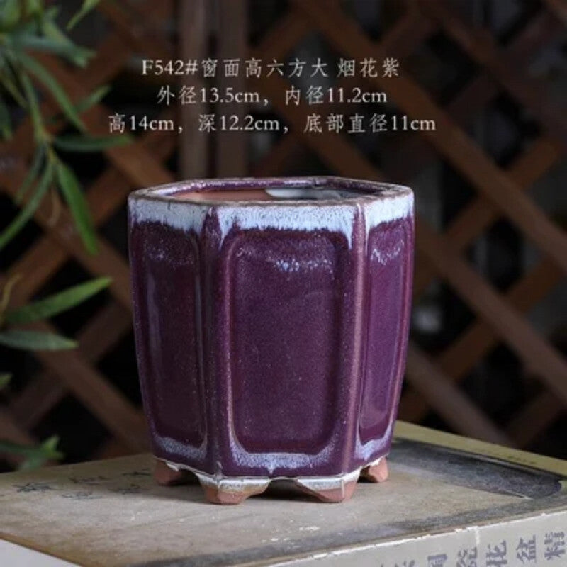 Ceramic Colorful Glazed Round Hexagon Bonsai Pot Tradition Chinese Decoration