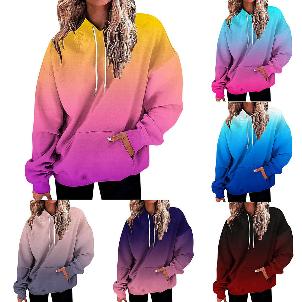 Womens 3D Gradient Hoodie Baggy Pullover Long Sleeve Tops Ladies Sweatshirt