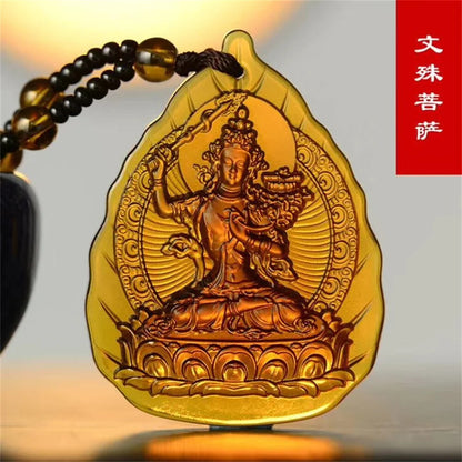 Glamour Ice Yellow Crystal Carved Talisman Buddha Buddhist Pendant Religious Necklace -