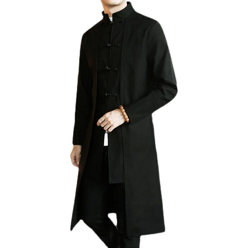 Coat Men Cardigan Coat Male Long Chinese Style Black Loose Linen Jacket