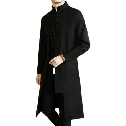 Coat Men Cardigan Coat Male Long Chinese Style Black Loose Linen Jacket
