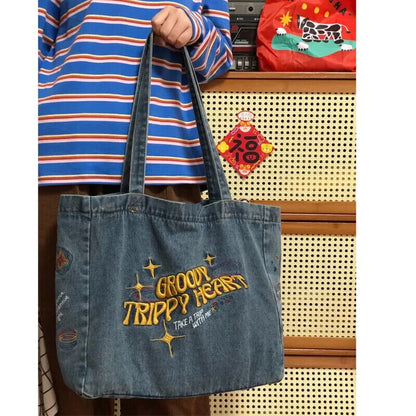 Retro Denim Jeans Tote Cool Girl Shoulder Bags Student Shopping Handbag