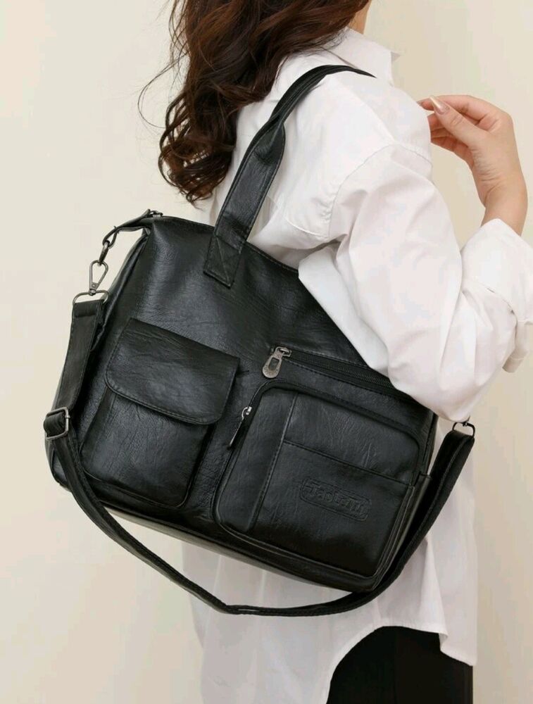 Leather Bag For Women Large Shoulder Handbag Crosdbody Satchel Bags 14"(Black)