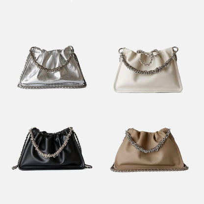 Small Real Leather Ruched Clutch Pouch Purse Tote Shoulder Bag Crossbody Chains