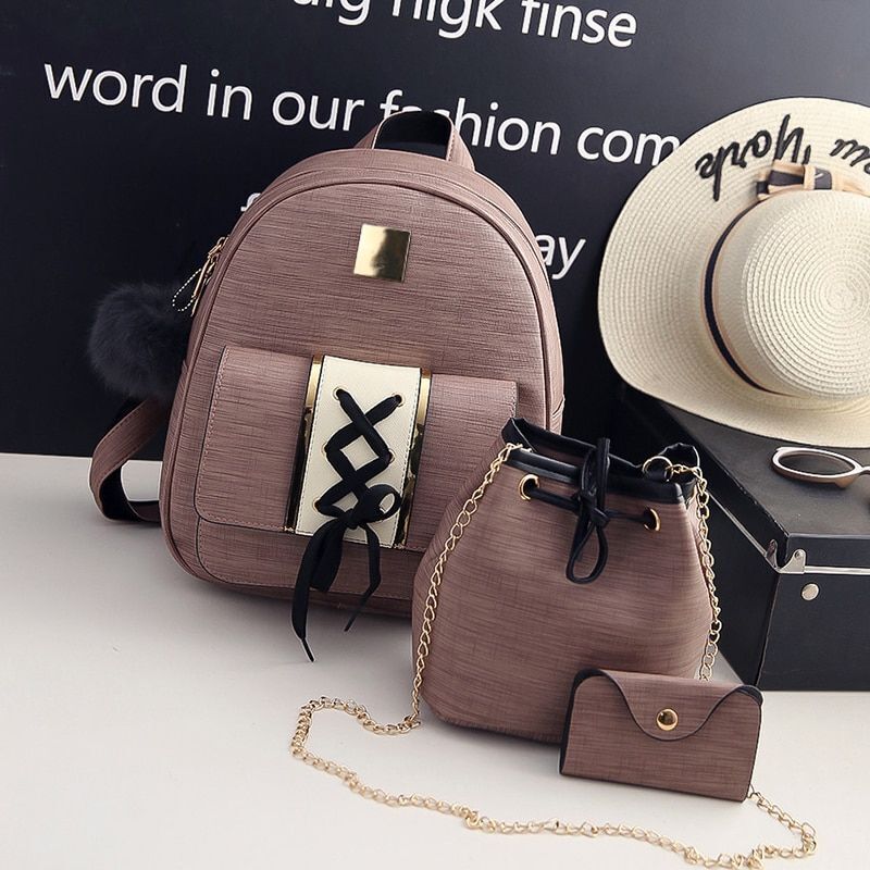 3Pcs/Set Synthetic Leather Women Backpack Purse Composite Bag Travelling Purse